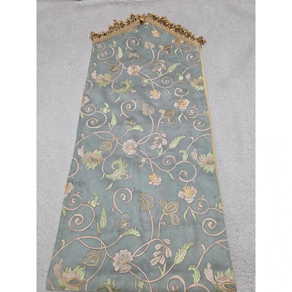 Canaan Company Sage Green Faux Suede Embroidered Floral Beaded Tassel Table Run